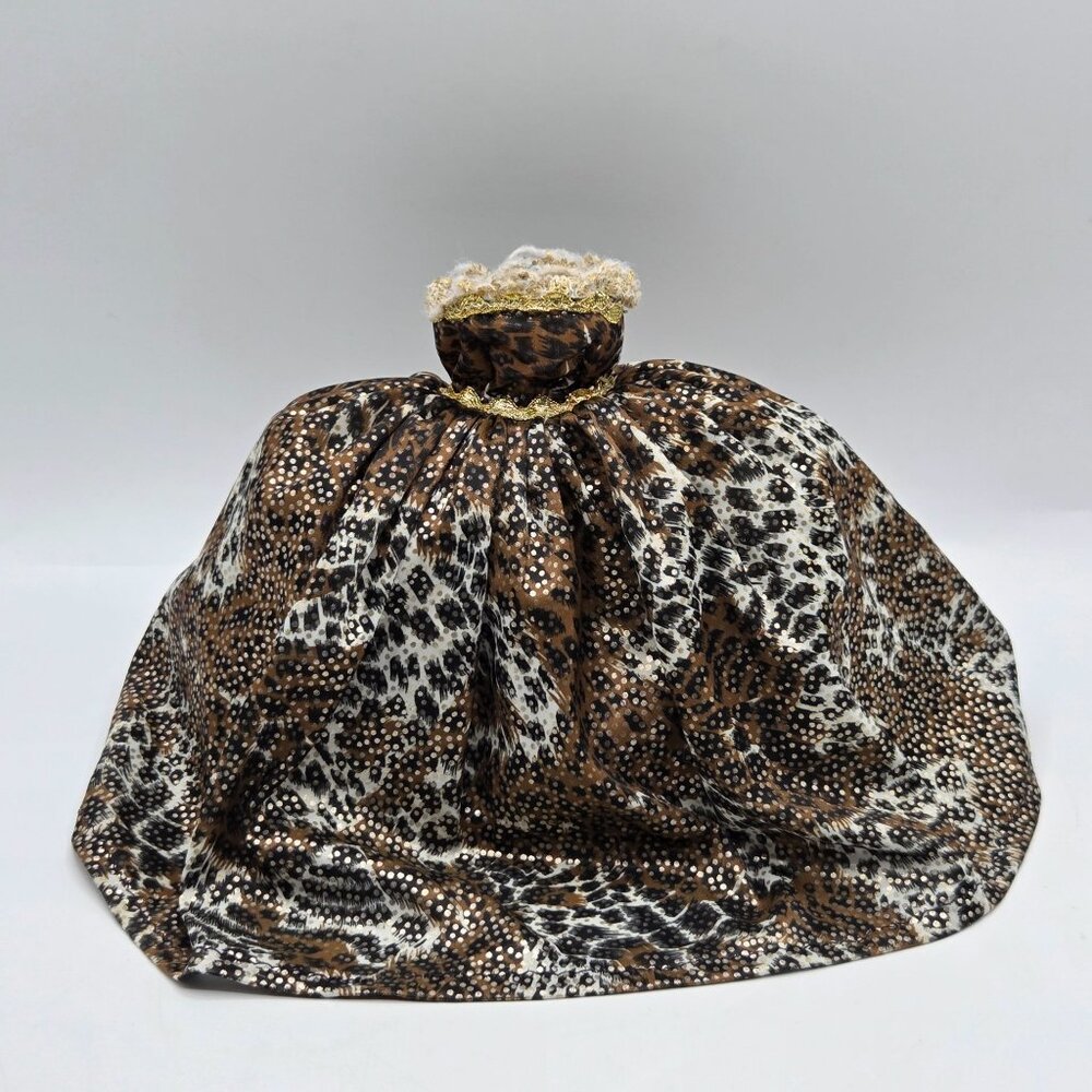 Animal Print Doll Dress With Golden Lace Trim & Polka Dot Accents